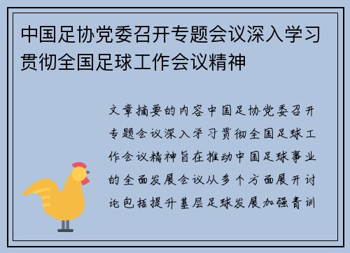 中国足协党委召开专题会议深入学习贯彻全国足球工作会议精神