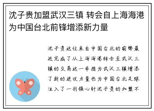 沈子贵加盟武汉三镇 转会自上海海港为中国台北前锋增添新力量